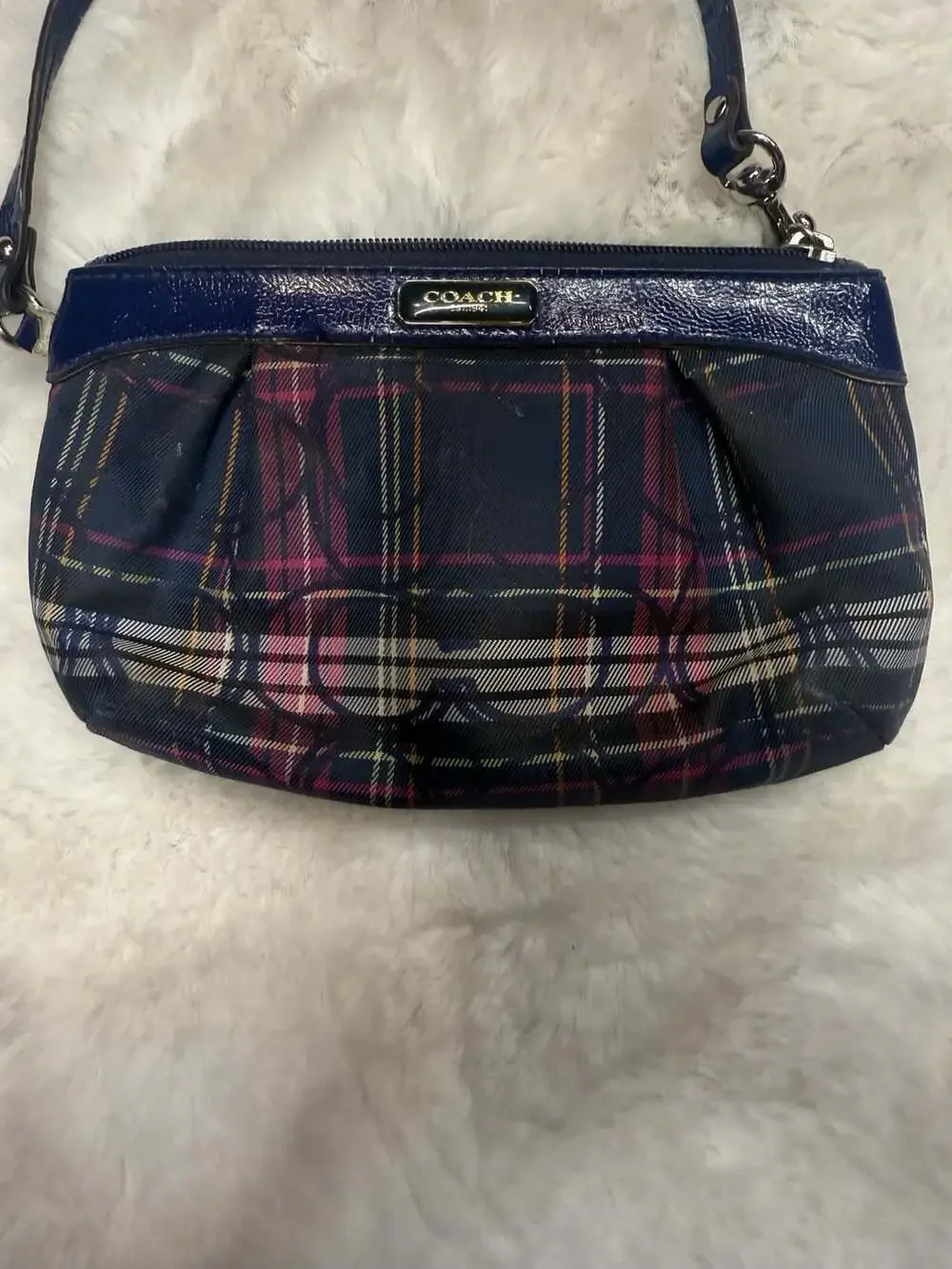 Coach Navy Tartan Plaid Print Wristlet with Patent Leather Trim